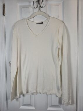 ​Caroline Grace Ivory Cotton Cashmere V-Neck Pointelle Trim Sweater M